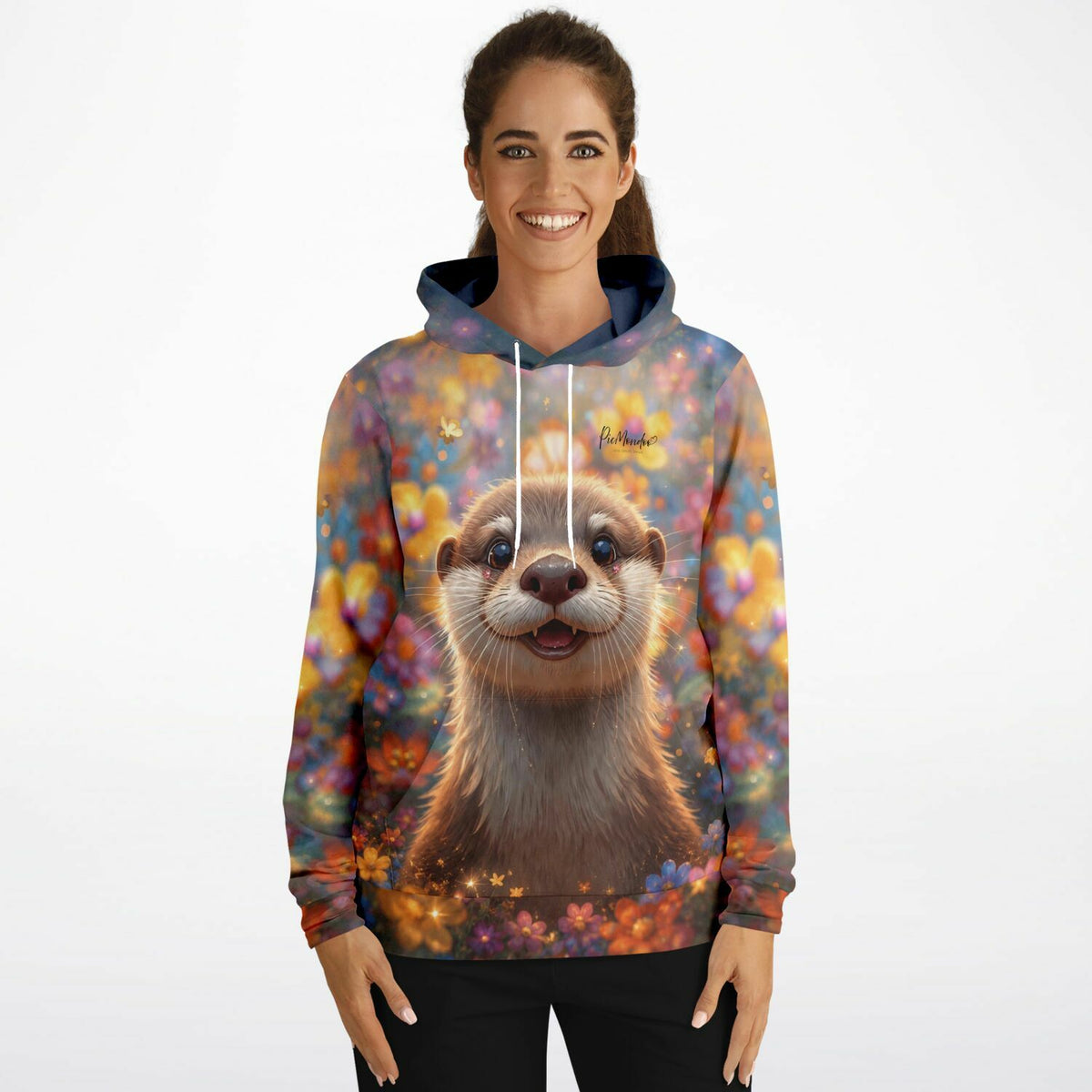 Dreamer Hoodie mit süßem Otter-Motiv und bunten Blumen, passend zum künstlerischen Stil von Diamond Painting Sets.