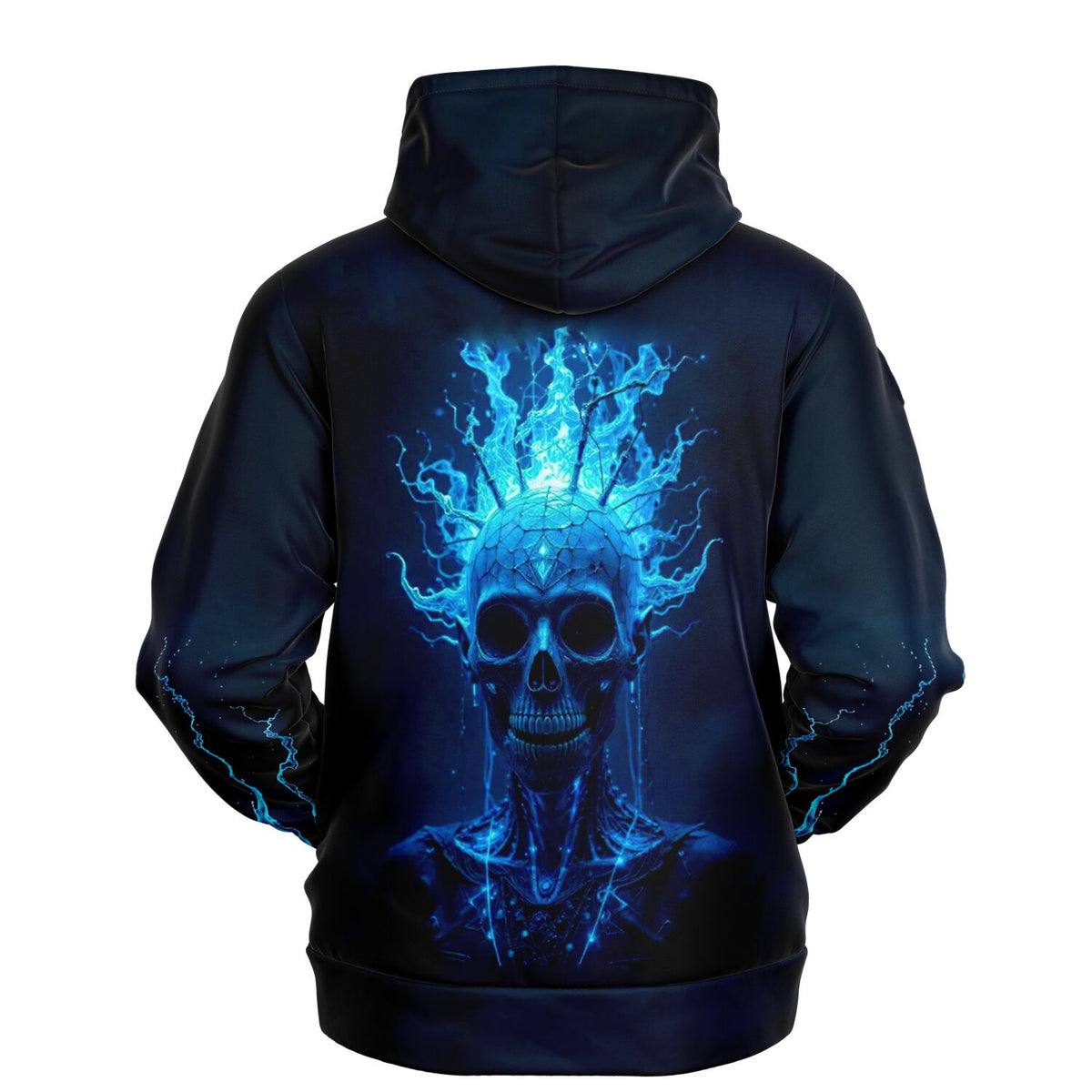 Schwarzer Hoodie mit leuchtend blauem Totenkopf-Motiv und Flammen-Design für einen mystischen Streetwear-Look