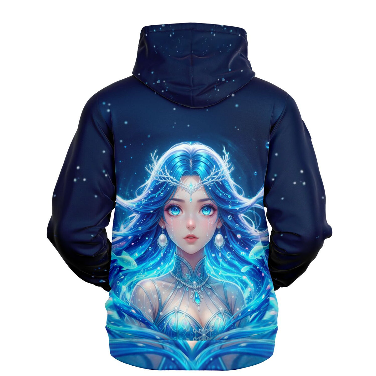 Dreamer Hoodie mit Nerelya Hüterin der Tiefe Motiv in leuchtendem Blau, ideal für Fantasy- und Diamond Painting-Fans