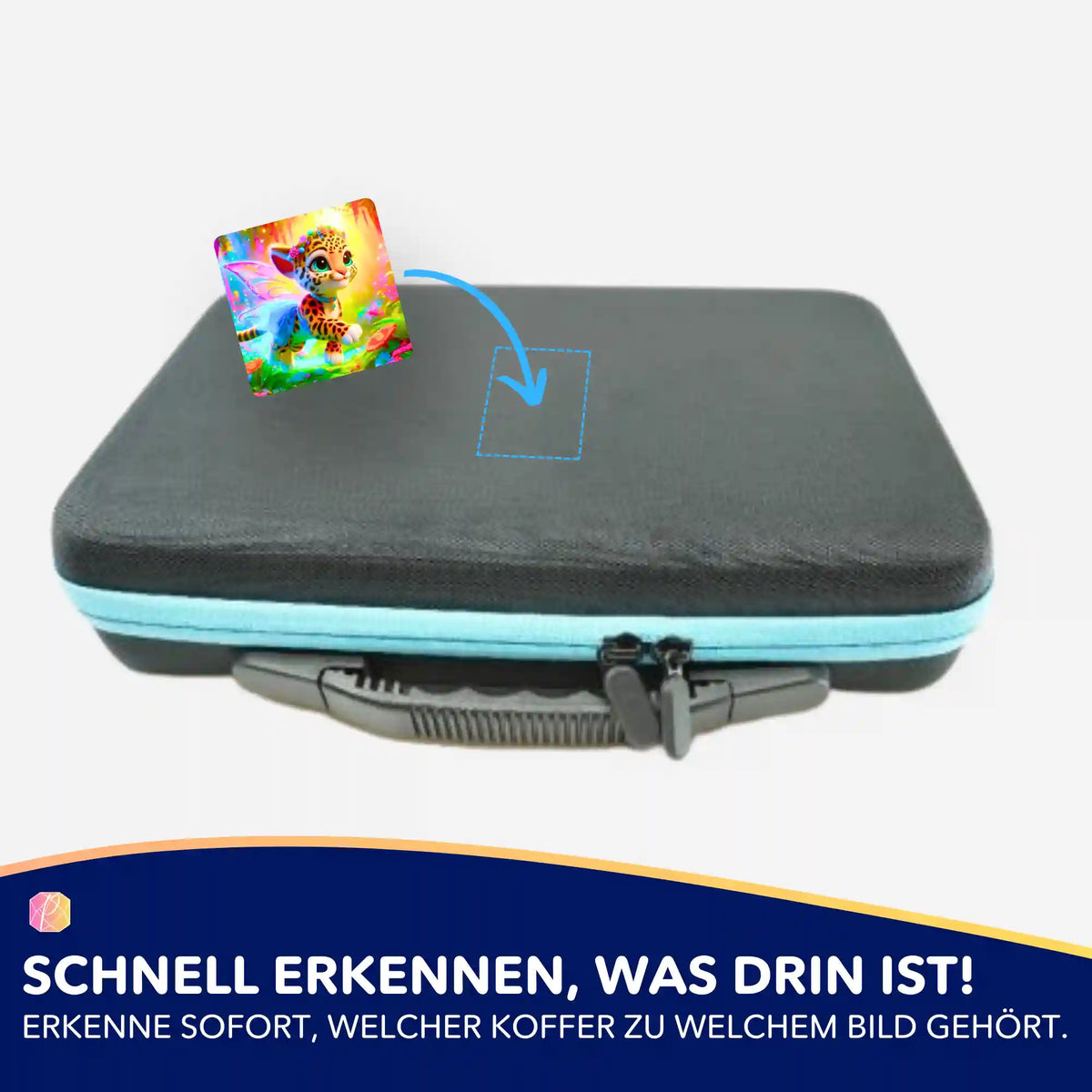 Finja die kleine Tigerfee als Diamond Painting Aufkleber zur Beschriftung eines Aufbewahrungskoffers für Bastelzubehör.