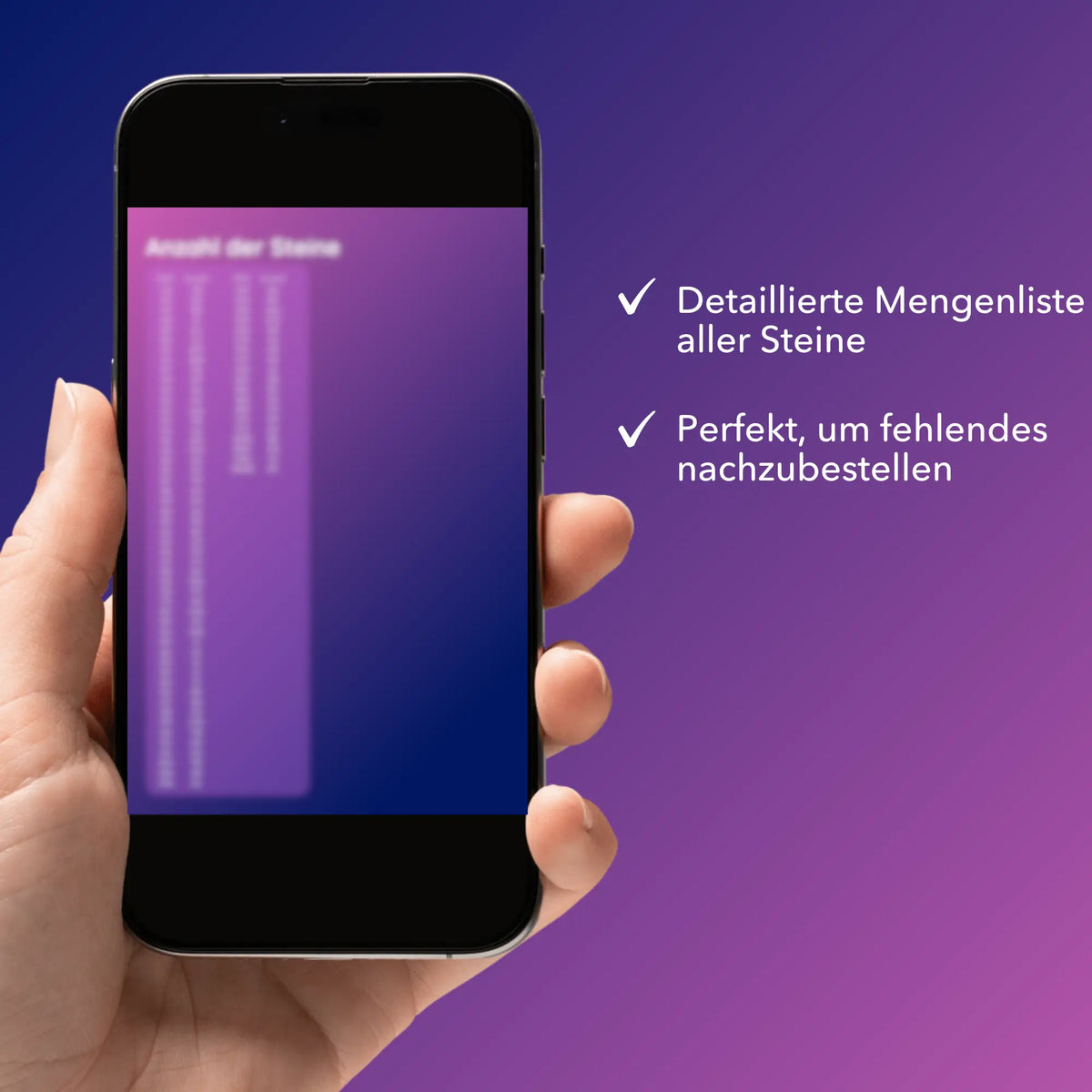 Digitale Diamond Painting Bildmappe auf dem Smartphone mit Mengenliste für Steine bei Picmondoo.