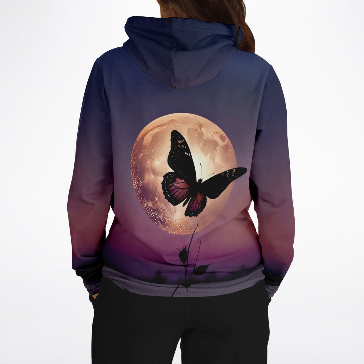 Dreamer Hoodie Nightfly mit Schmetterling vor Vollmond Motiv auf dem Rücken für Fans kreativer Kunstdesigns