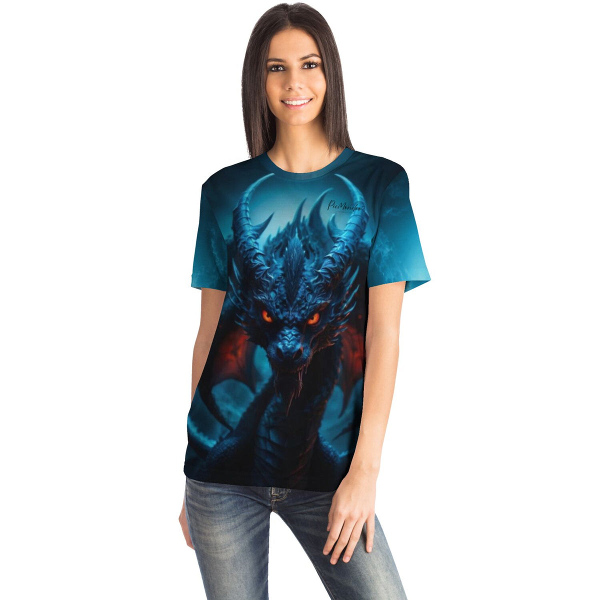 Frau trägt ein T-Shirt mit blauem Red Eyes Dragon Motiv, ideal für Fans von Diamond Painting und Malen nach Zahlen