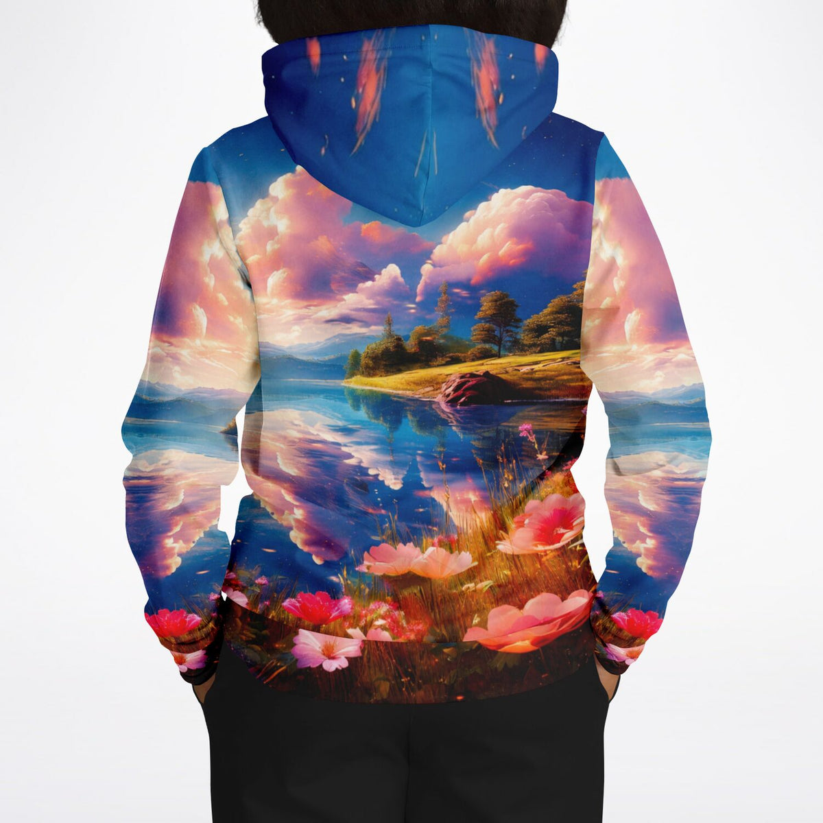 Dreamer Hoodie mit farbenfrohem See-Motiv, das an kunstvolle Malen nach Zahlen oder Diamond Painting Designs erinnert.