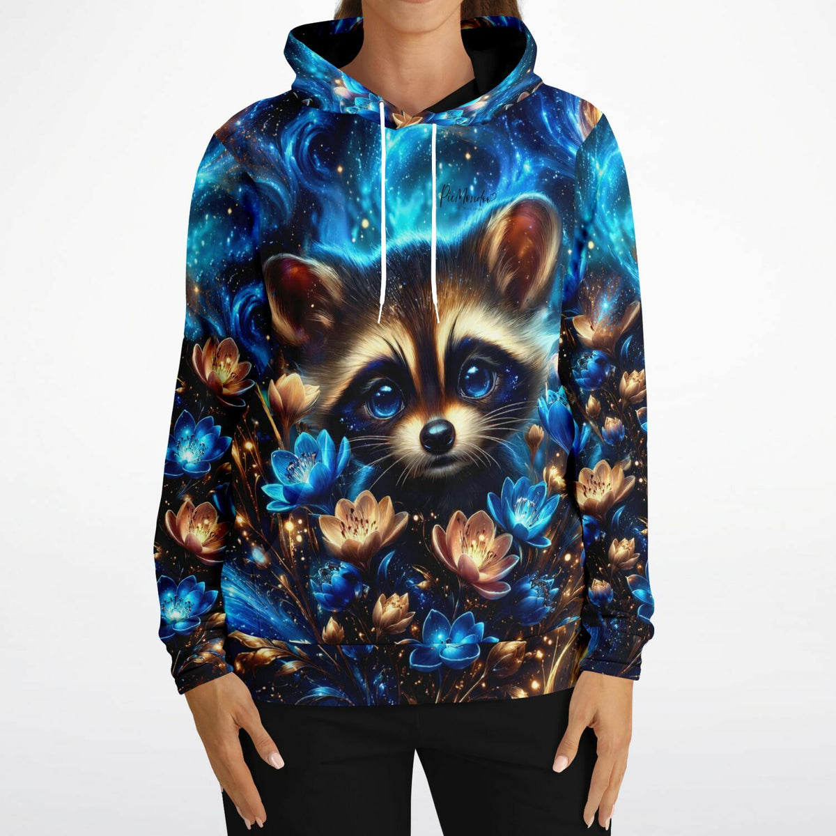 Hoodie mit Waschbär Motiv im Diamond Painting Stil, leuchtende blaue Blüten und Sternenhimmel Design.