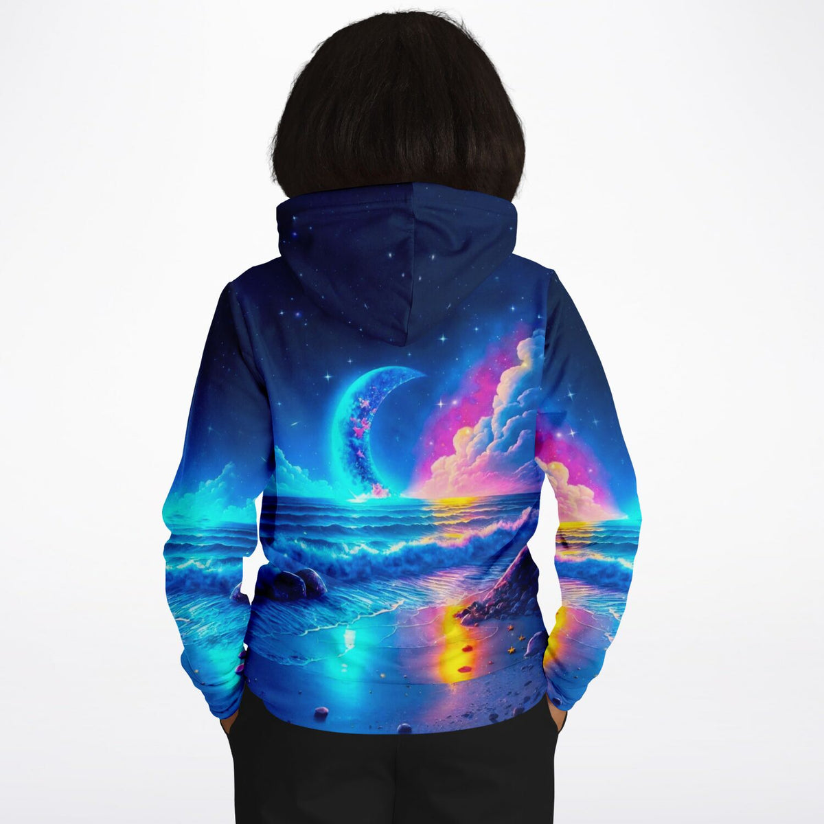 Dreamer Hoodie mit farbenfrohem Strand im Mondschein Design, inspiriert von Diamond Painting Motiven