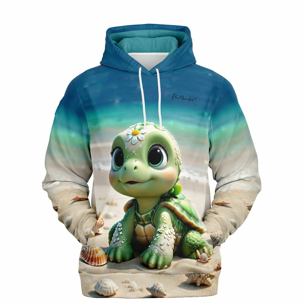 Dreamer Hoodie von Picmondoo mit niedlichem Schildkröten-Motiv am Strand, passend zum Malen nach Zahlen Design.