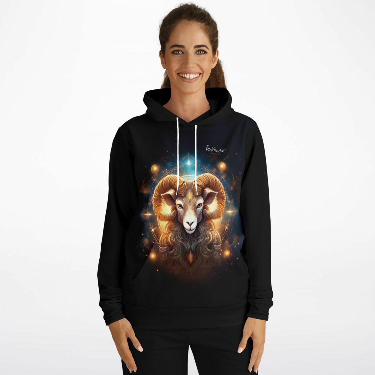 Schwarzer Dreamer Hoodie mit glänzendem Sternzeichen Widder Motiv für Fans von Diamond Painting und DIY-Kunst