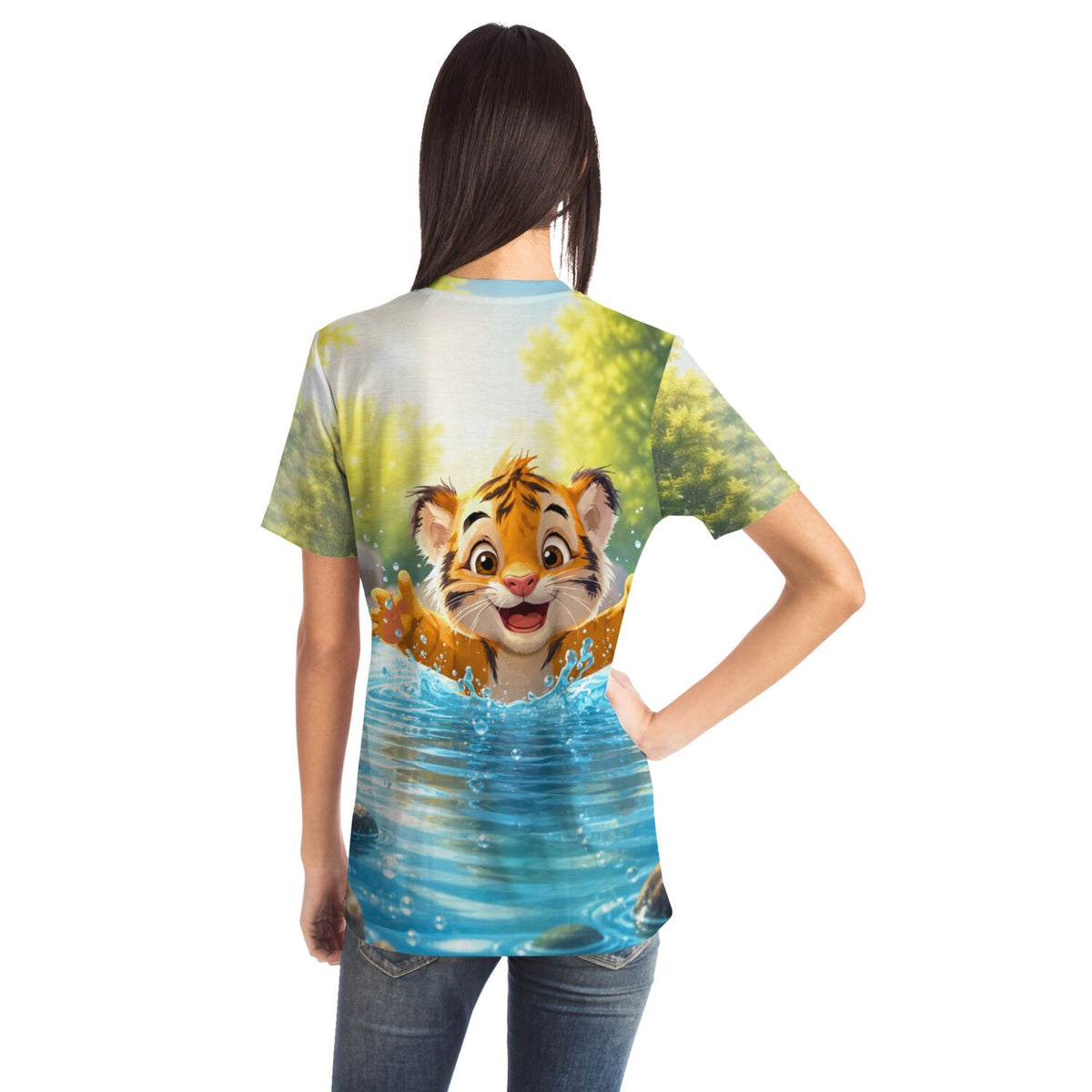 T-Shirt mit süßem Tiger-Motiv beim Baden im Wasser, farbenfroher Druck im Stil von Malen nach Zahlen Designs