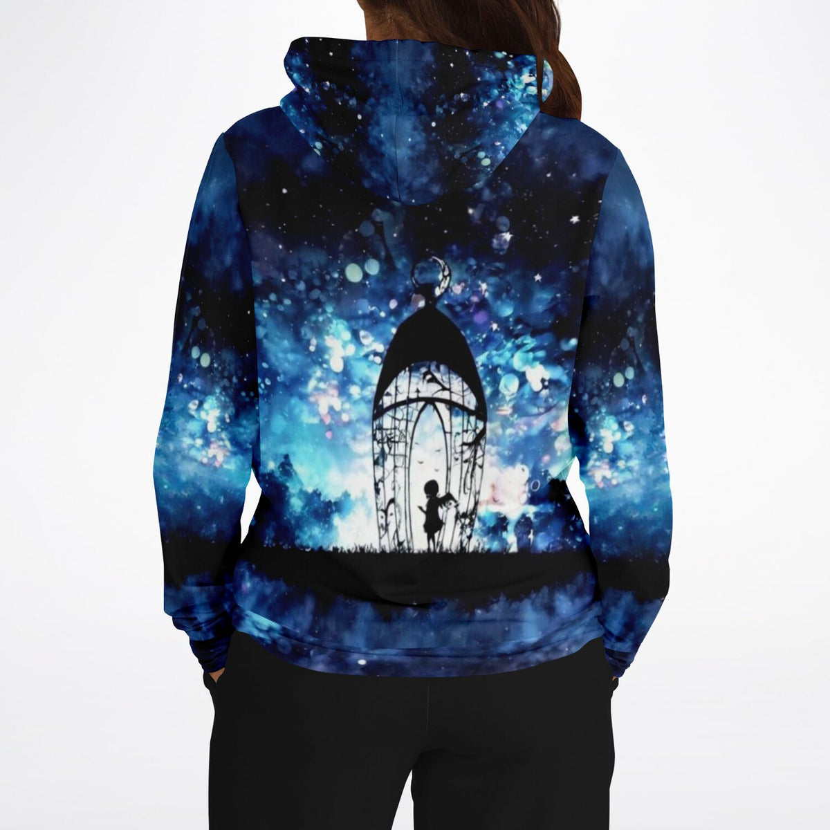 Dreamer Hoodie Engel der vielen Lichter mit blauem Galaxie-Motiv und künstlerischem Käfig-Print für Fans kreativer Mode.