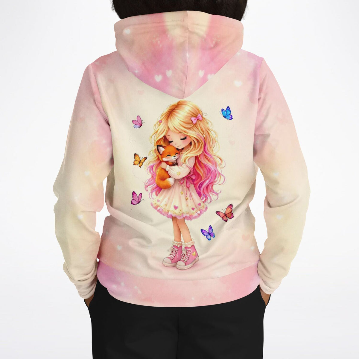 Dreamer Hoodie mit Mädchen, Fuchs und Schmetterlingen im beliebten Malen nach Zahlen Stil in Pastelltönen