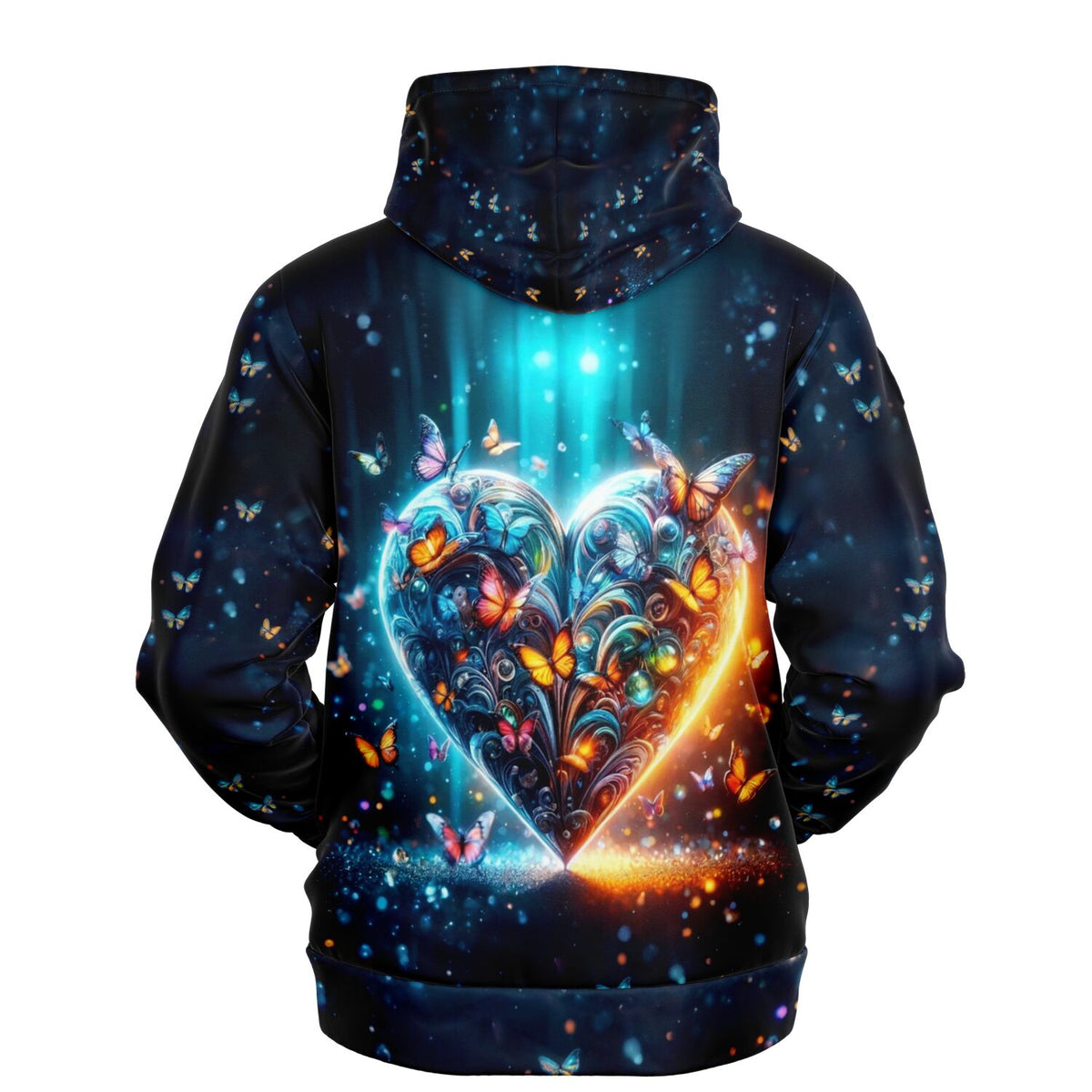 Hoodie Rückseite mit buntem Schmetterlingsherz-Motiv in leuchtenden Farben, ähnlich wie Diamond Painting Kunst