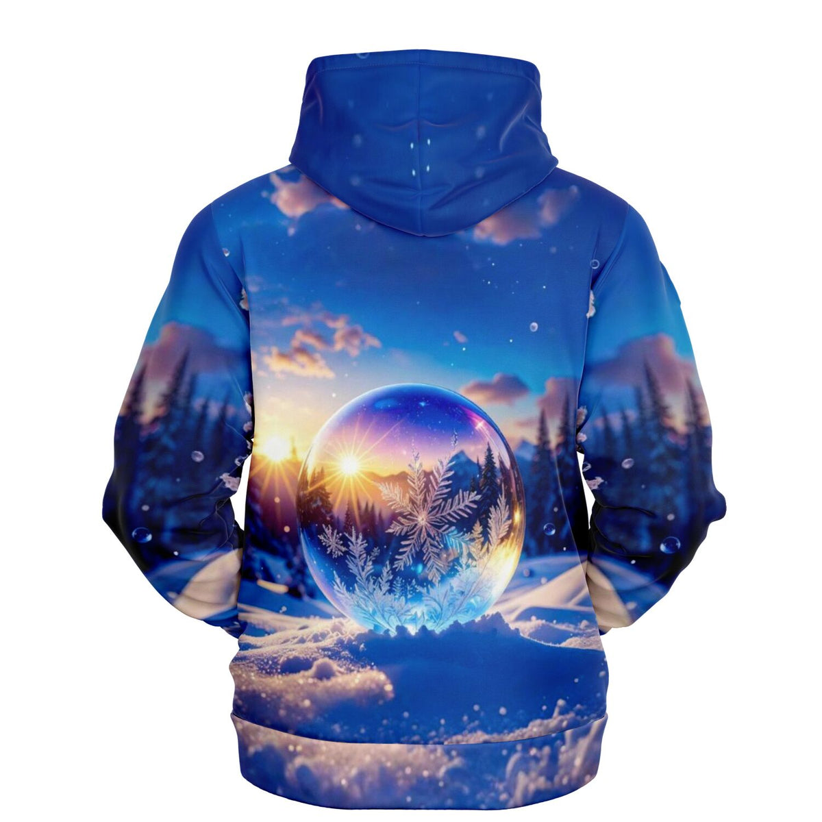 Dreamer Hoodie Kristallwelt Rückseite mit winterlichem Diamond Painting Motiv: Schneekugel, Sonnenuntergang und Schnee