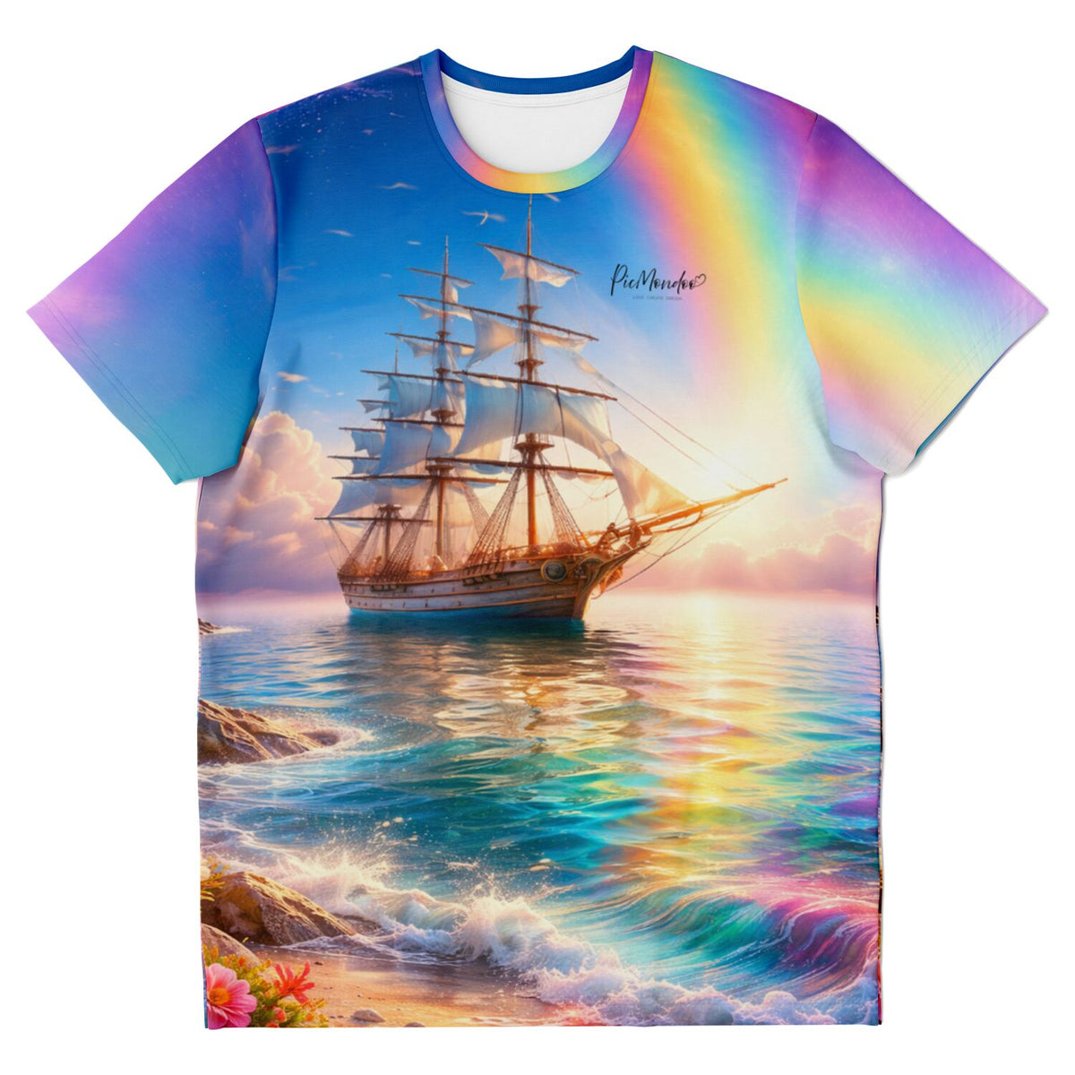 Dreamer T-Shirt mit Segelschiff Motiv und buntem Regenbogen-Himmel im Stil von Diamond Painting Kunst