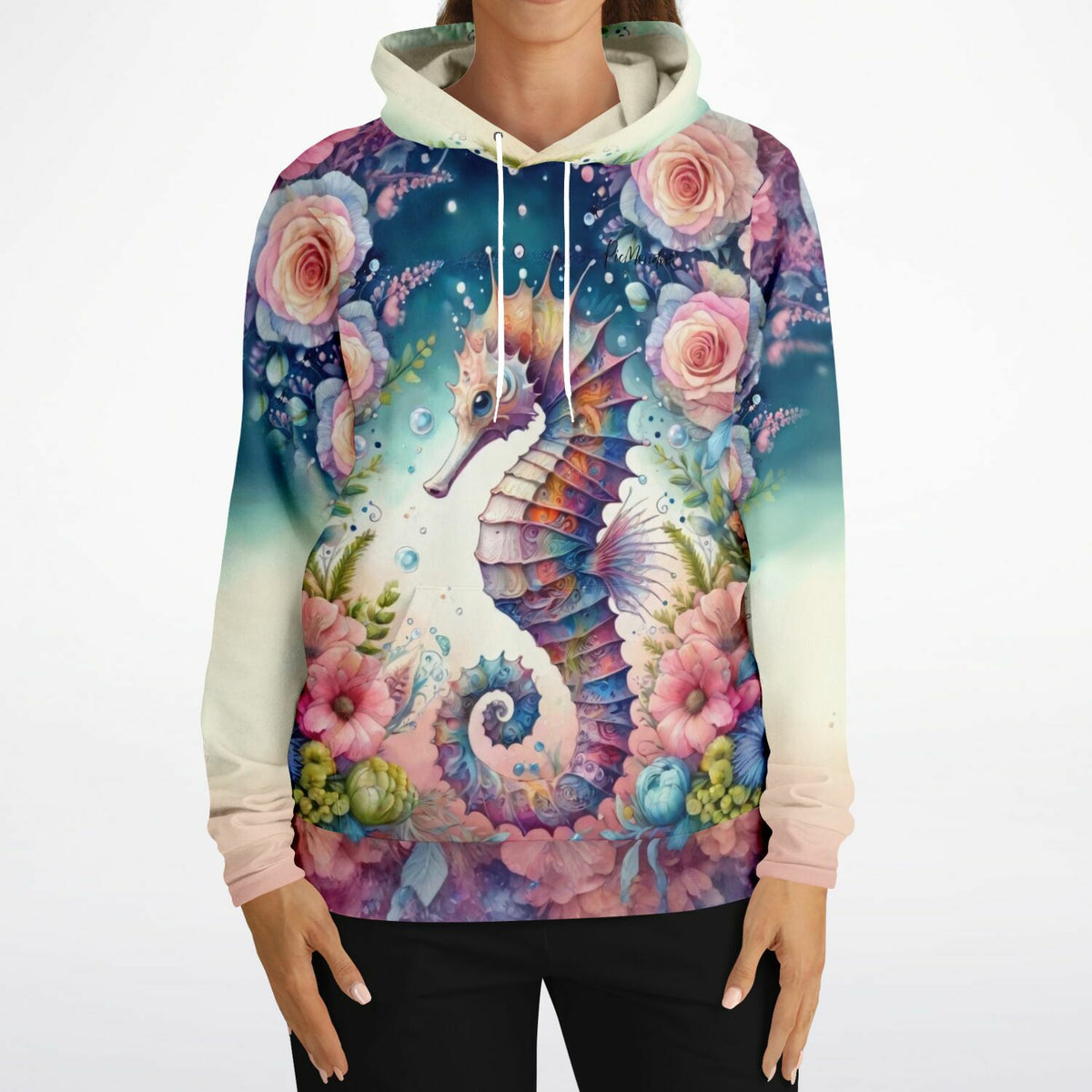 Dreamer Hoodie mit farbenfrohem Seepferdchen und Blüten Motiv, ideal für Fans von kreativen Malen nach Zahlen Designs