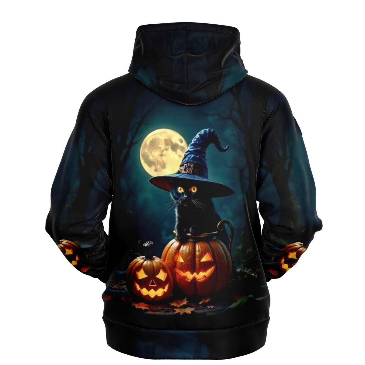 Schwarzer Hoodie mit Wizard Cat Motiv, Halloween-Kürbissen und Vollmond, perfekt für Fans von Malen nach Zahlen Designs.