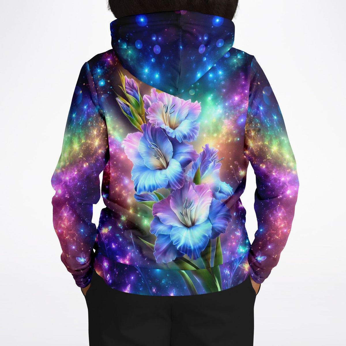 Dreamer Hoodie mit farbenprächtigem Blumen-Design und kosmischem Hintergrund im Stil unserer Diamond Painting Motive