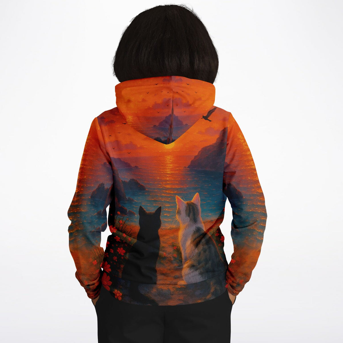 Hoodie mit Motiv: Zwei Katzen beobachten romantischen Sonnenuntergang am Meer im Stil von Malen nach Zahlen Kunst