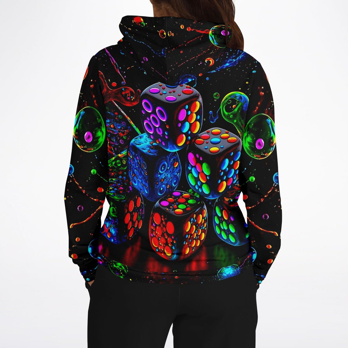 Dreamer Hoodie mit buntem Würfel-Motiv in leuchtenden Neonfarben und All-Over-Print im Stil von Diamond Painting Kunst.