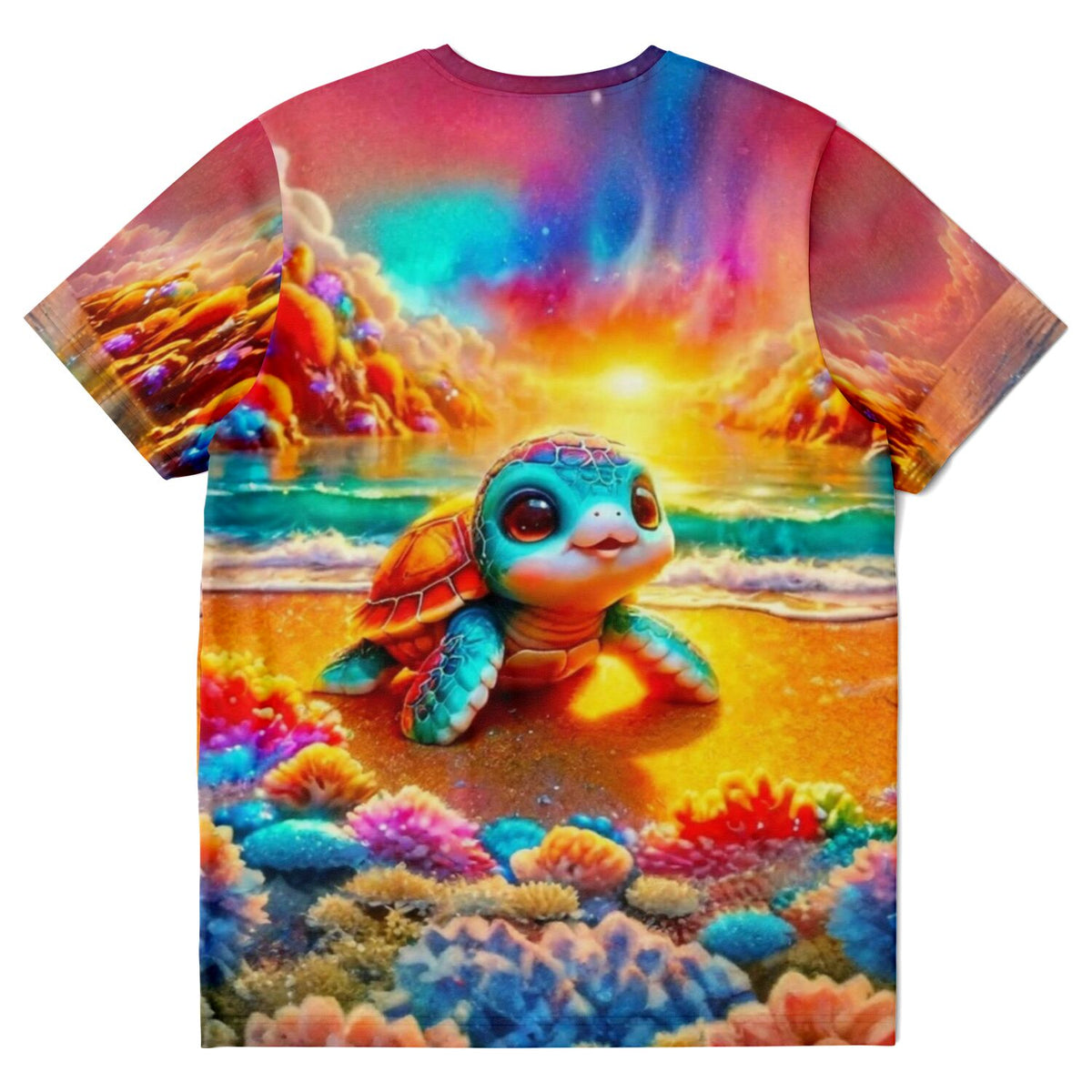 T-Shirt mit buntem Schildkröten-Motiv am Funkelstrand, inspiriert von Diamond Painting und Malen nach Zahlen Kunst.