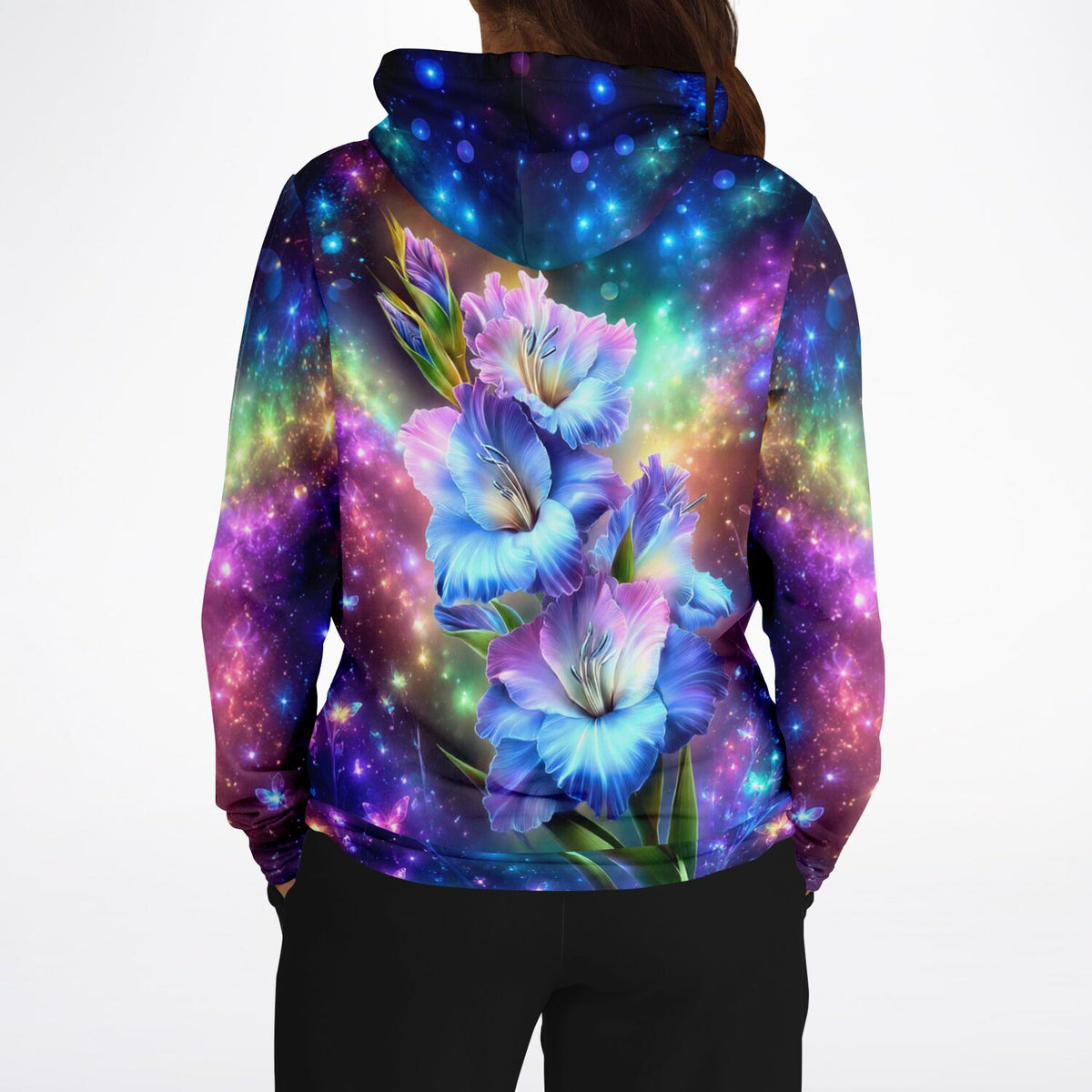 Dreamer Hoodie mit farbenfrohem Blumenmotiv und galaktischem Sternenhimmel-Design in lebendigen Blau- und Violetttönen