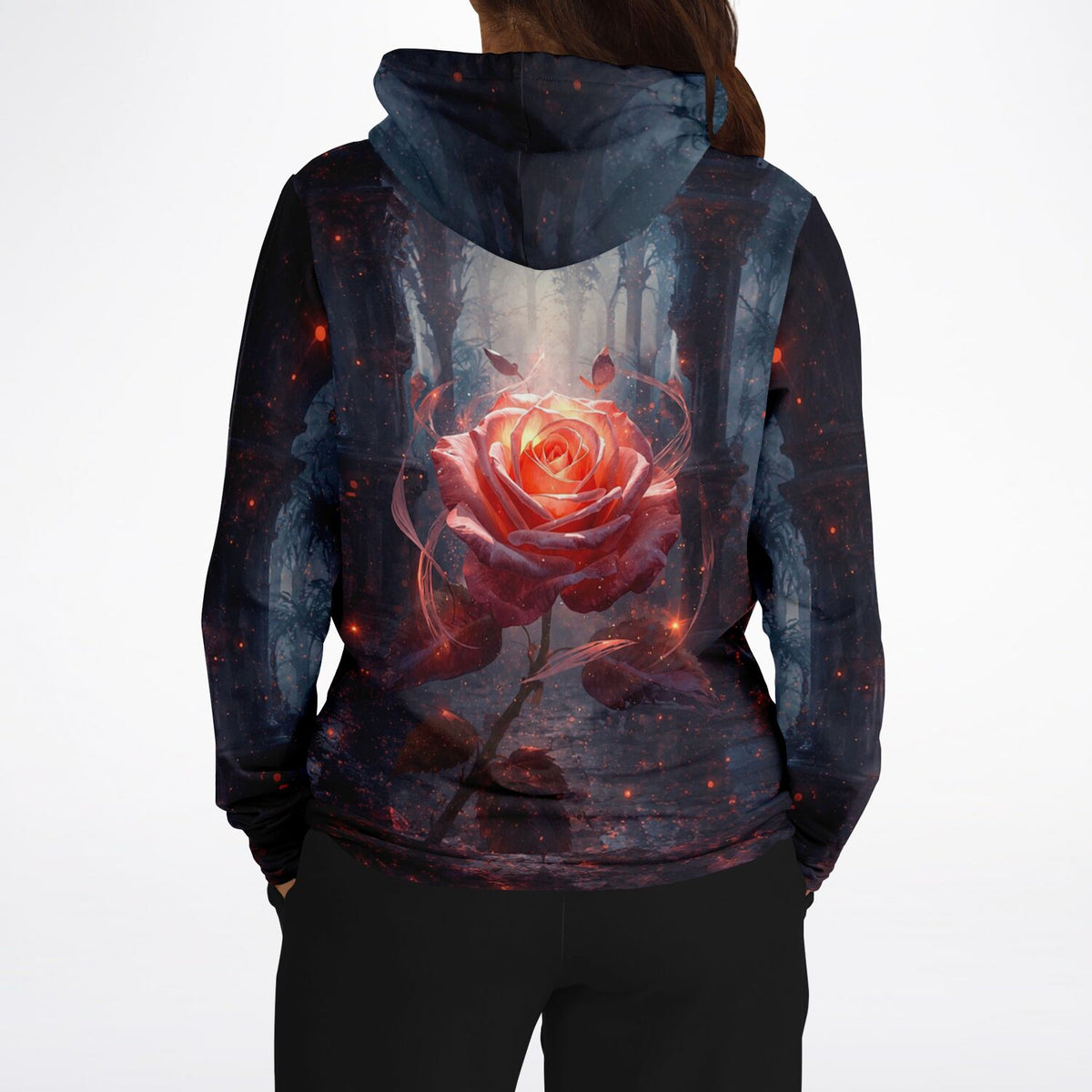Dreamer Hoodie mit mystischem Herzflamme Rosen Motiv in leuchtenden Farben und detailliertem AOP-Print