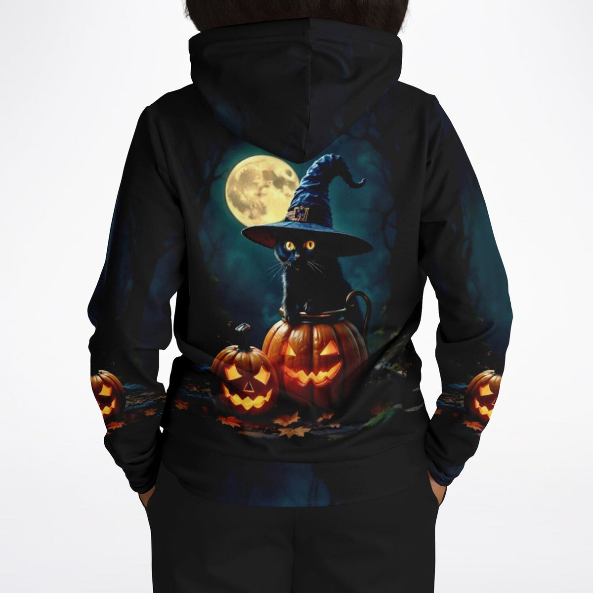 Schwarzer Hoodie mit Wizard Cat Motiv, Halloween-Design mit Kürbissen und Vollmond im Stil unserer DIY-Kunstwerke