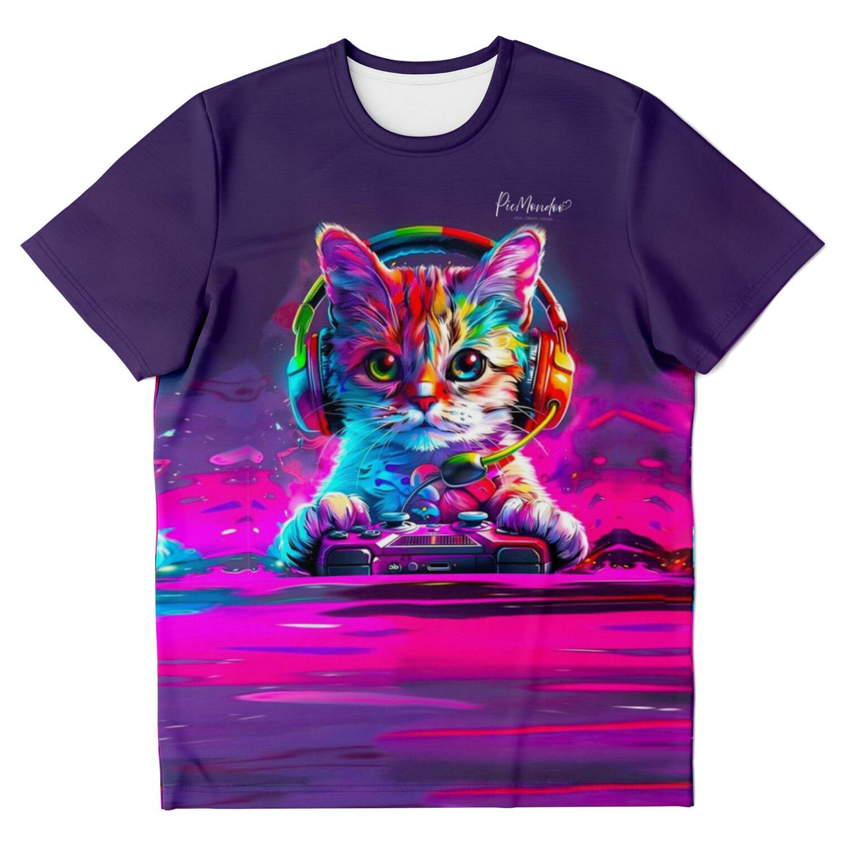 Lila T-Shirt mit buntem Gaming-Katzen Motiv, ideal für Fans von Malen nach Zahlen und Diamond Painting Designs