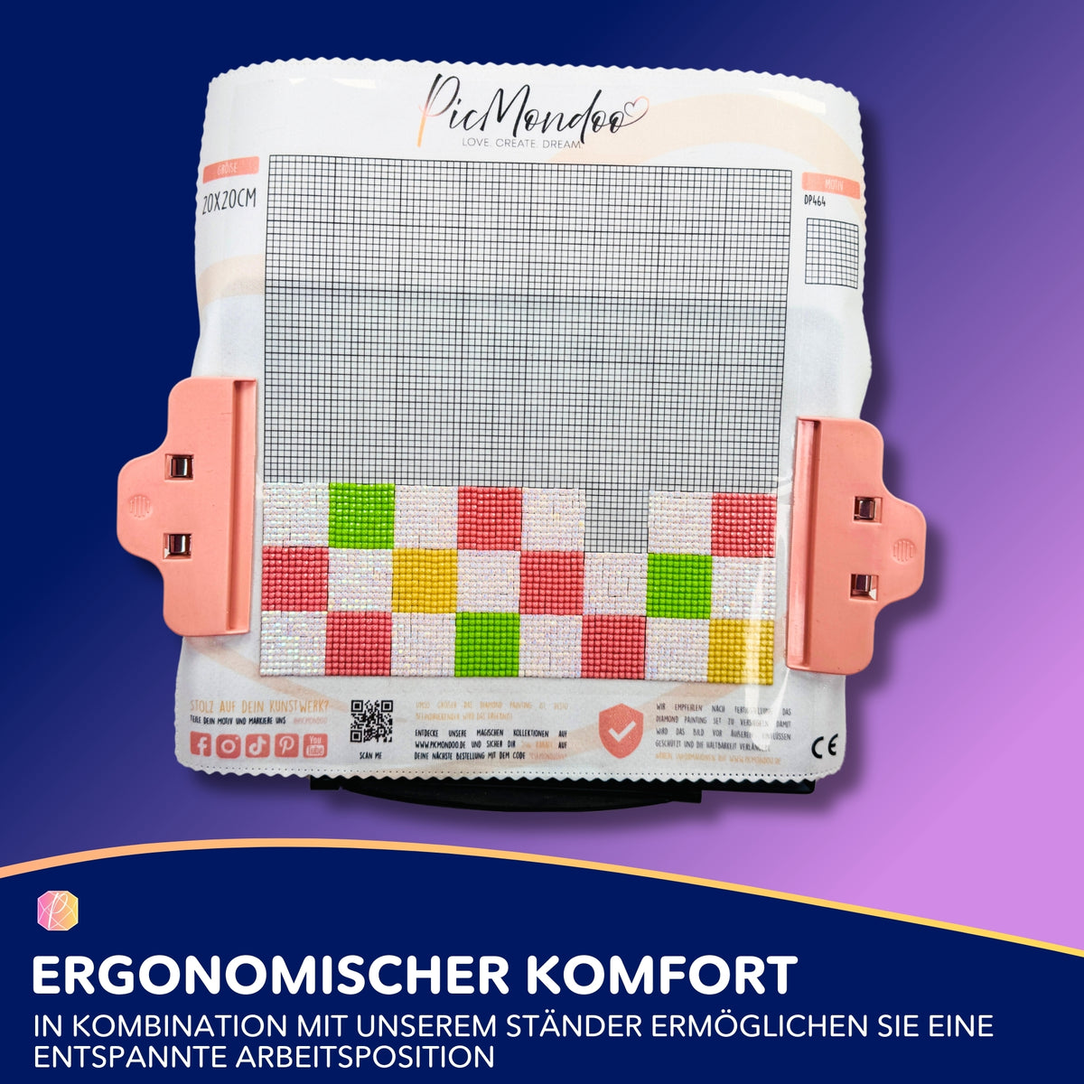 Rosa Diamond Painting Clips befestigen eine Leinwand mit bunten Glitzersteinen sicher am Arbeitsständer.