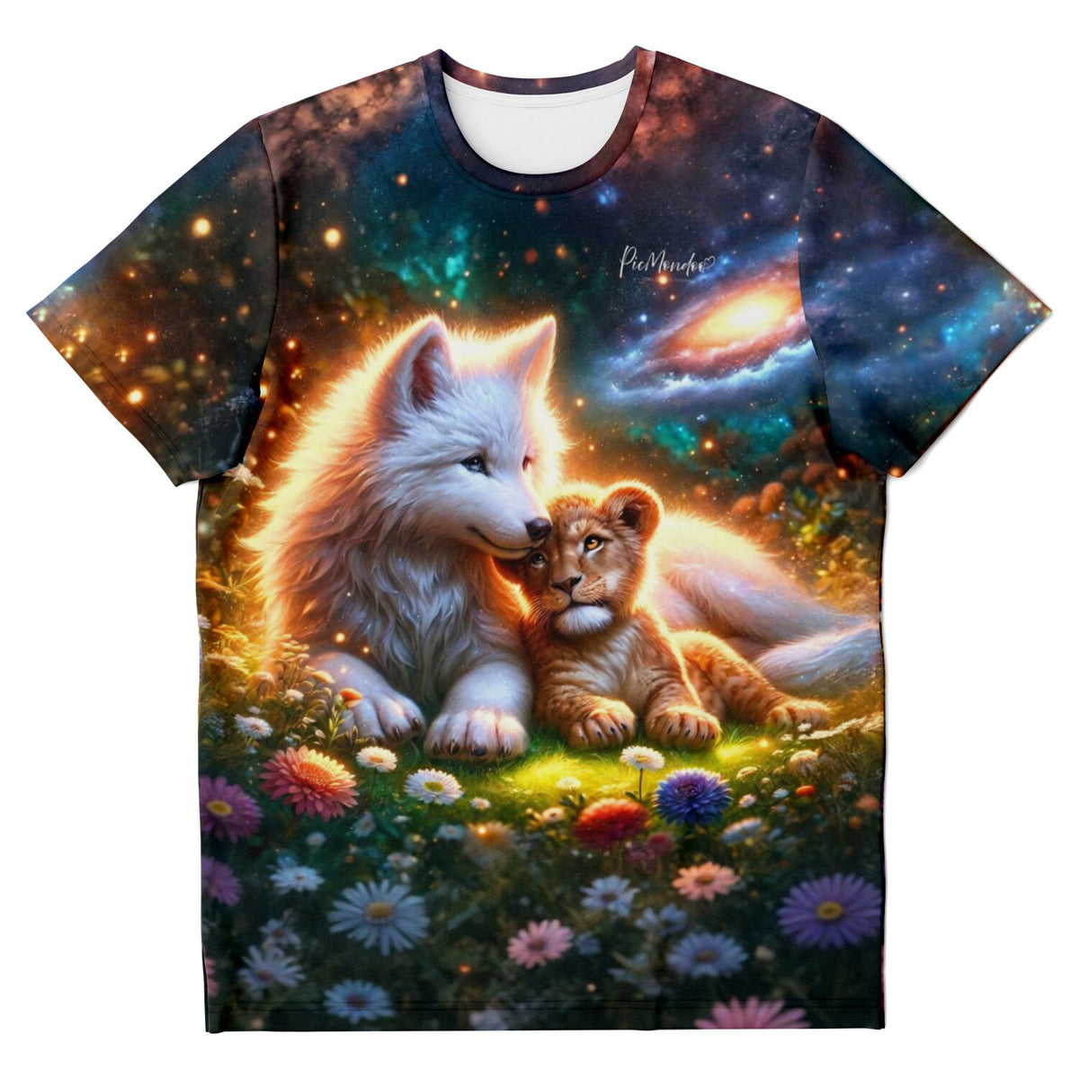 T-Shirt mit Fenris & Solaris Motiv, weißem Wolf und Löwenjungen auf Blumenwiese unter galaktischem Sternenhimmel.