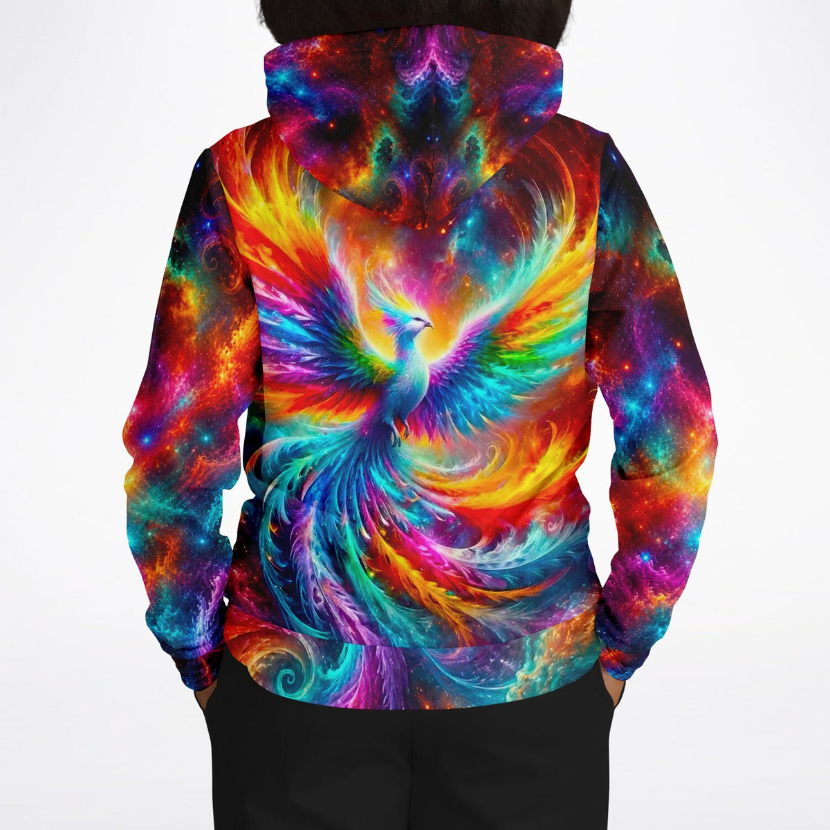 Bunter Phönix Hoodie mit galaktischem Design. Ein farbenfrohes Motiv, das wie ein Diamond Painting Kunstwerk strahlt.