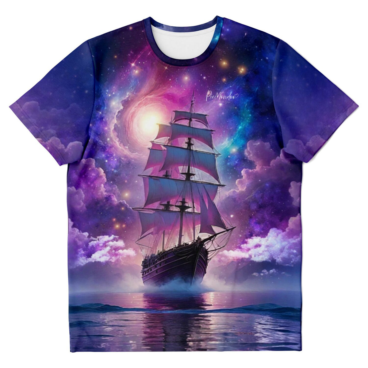 T-Shirt mit Starlight Ocean Motiv: Segelschiff vor einer leuchtenden Galaxie, ideal für Diamond Painting und Kunst Fans.