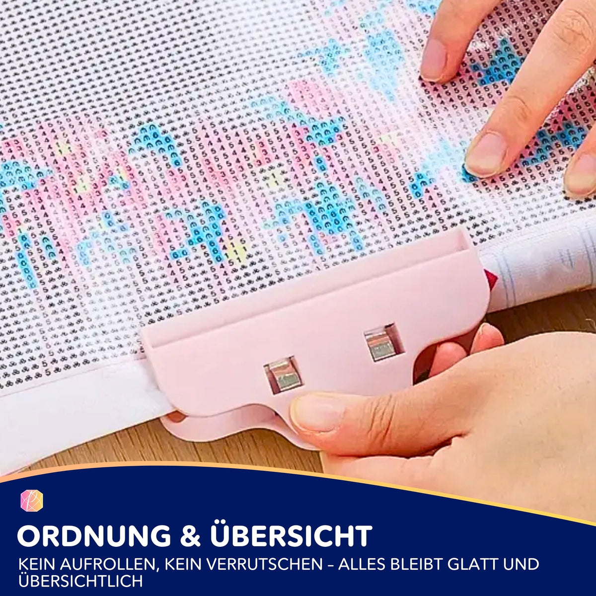 Rosa Diamond Painting Clips befestigen die Leinwand sicher auf dem Ständer für ein rutschfreies Bastelerlebnis.
