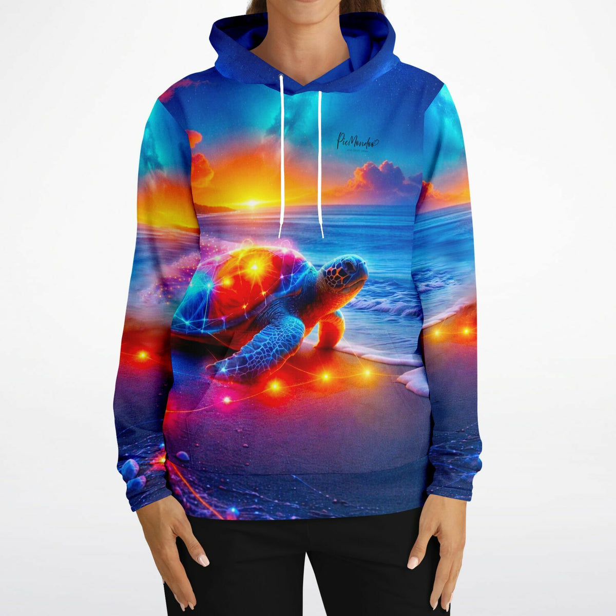 Hoodie mit buntem Schildkröten-Motiv, inspiriert von Diamond Painting Ästhetik und glitzernden Farben am Strand