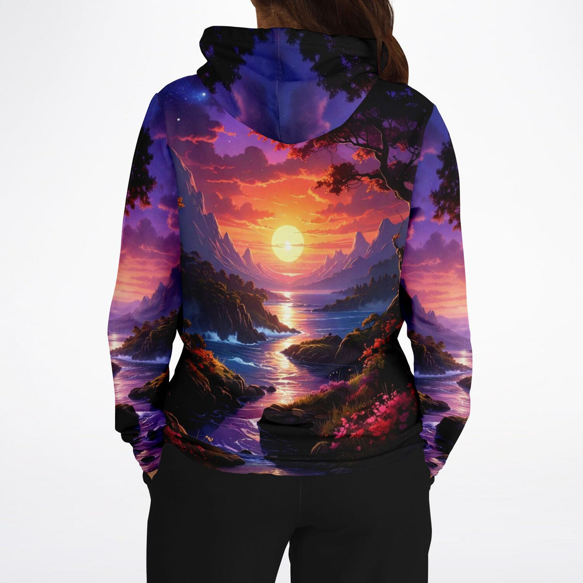 Dreamer Hoodie Melodie des Lichts mit farbenfrohem Sonnenuntergang-Landschafts-Druck im Stil von Diamond Painting