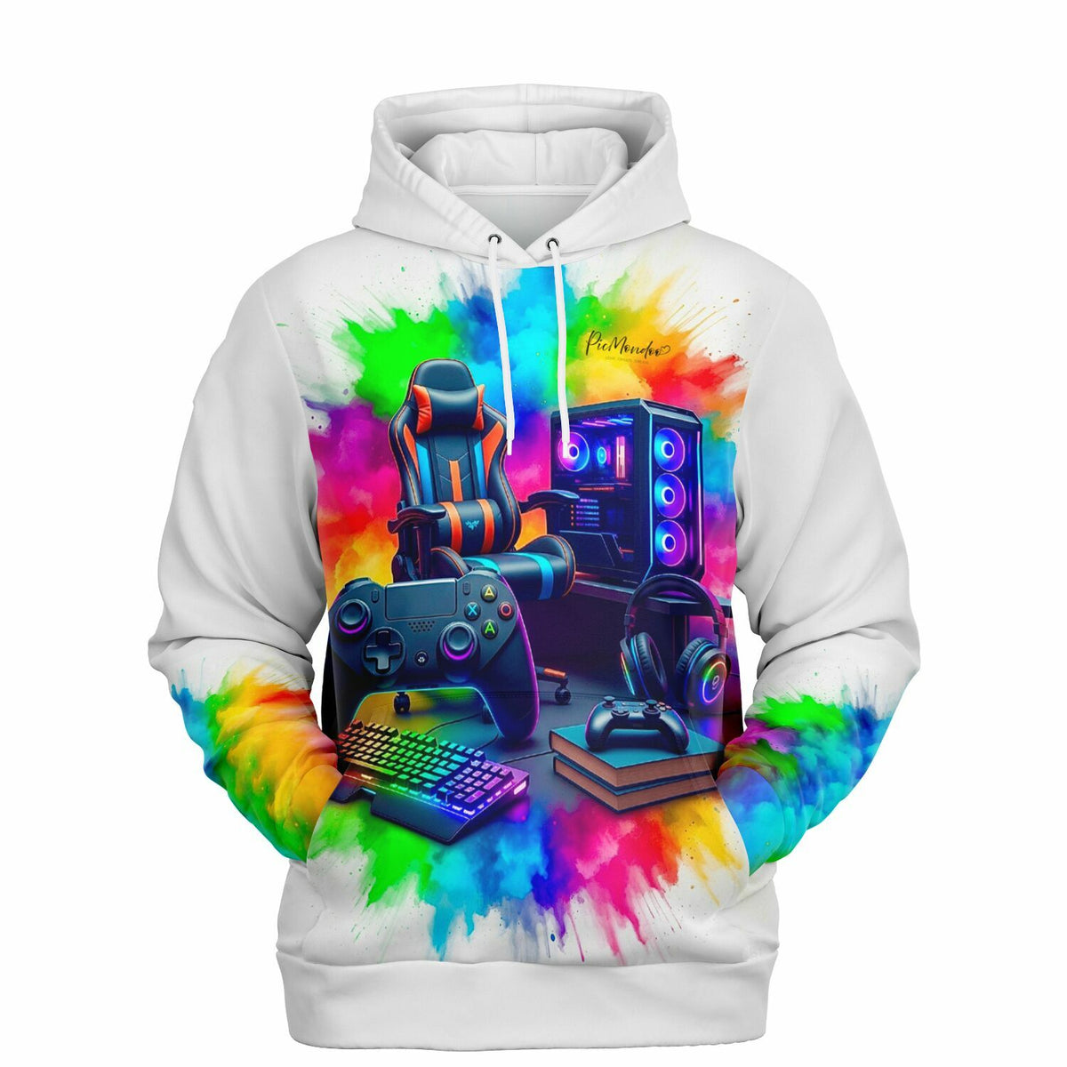 Weißer Hoodie mit Gaming Zone Motiv, Gaming-Setup mit PC, Controller und bunten Farbspritzern im Stil von DIY-Kunst