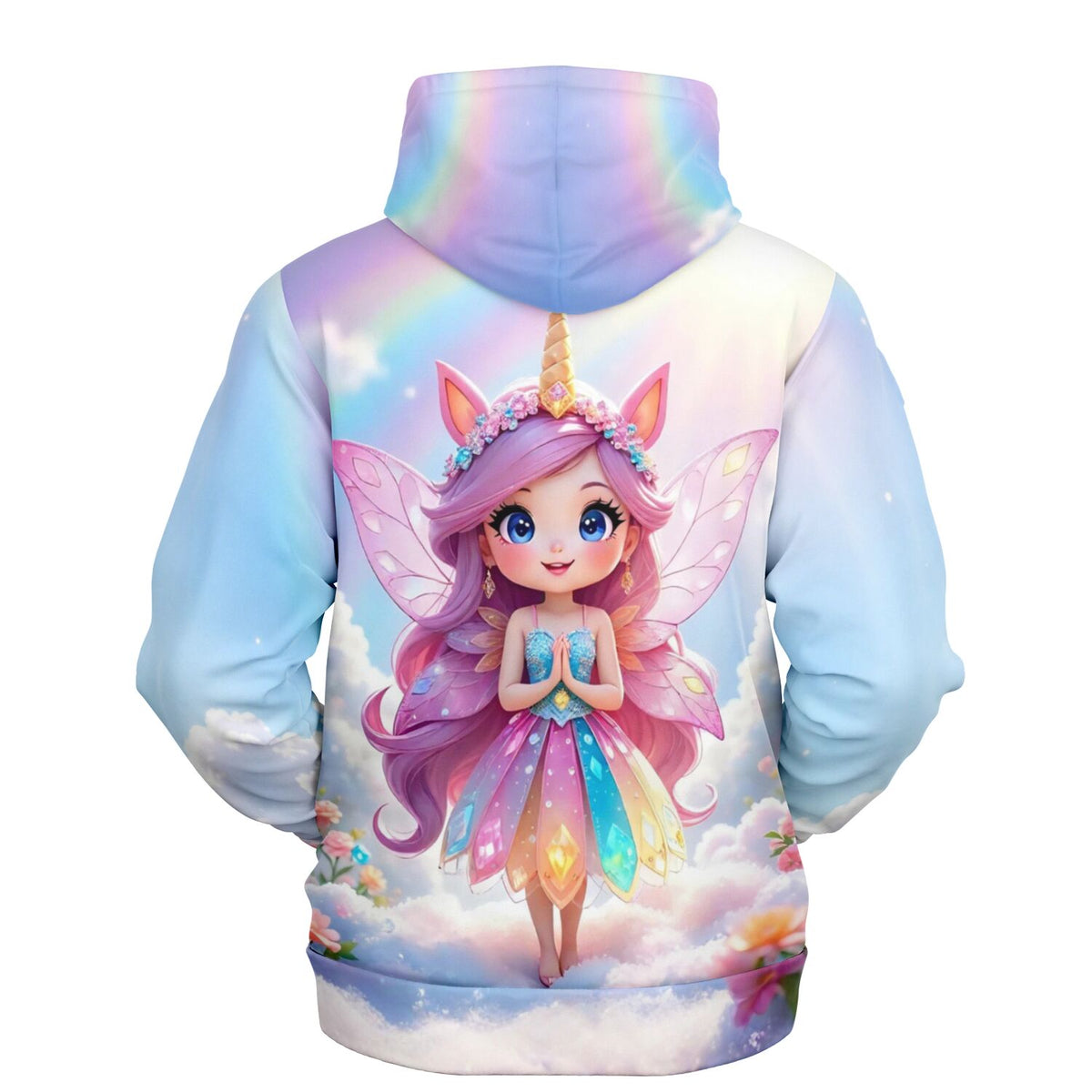 Dreamer Hoodie mit Fee im Wolkenreich Motiv in Regenbogenfarben, inspiriert von Diamond Painting und Malen nach Zahlen