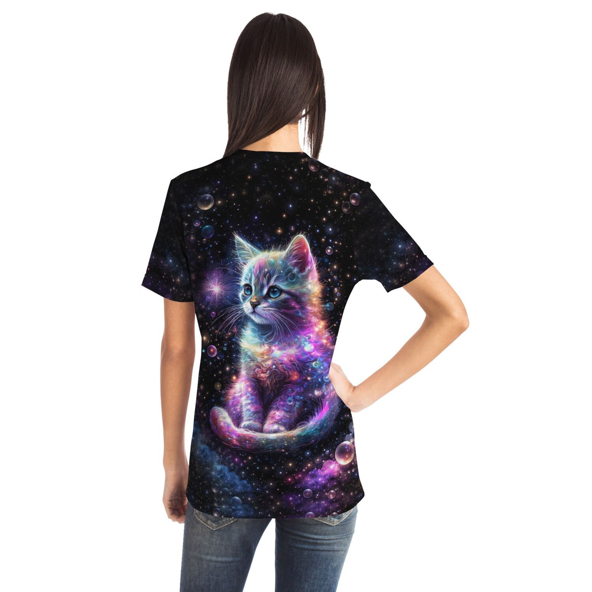 T-Shirt mit buntem Kätzchen im Weltraum Design, passend zu Diamond Painting und Malen nach Zahlen Motiven für Erwachsene.