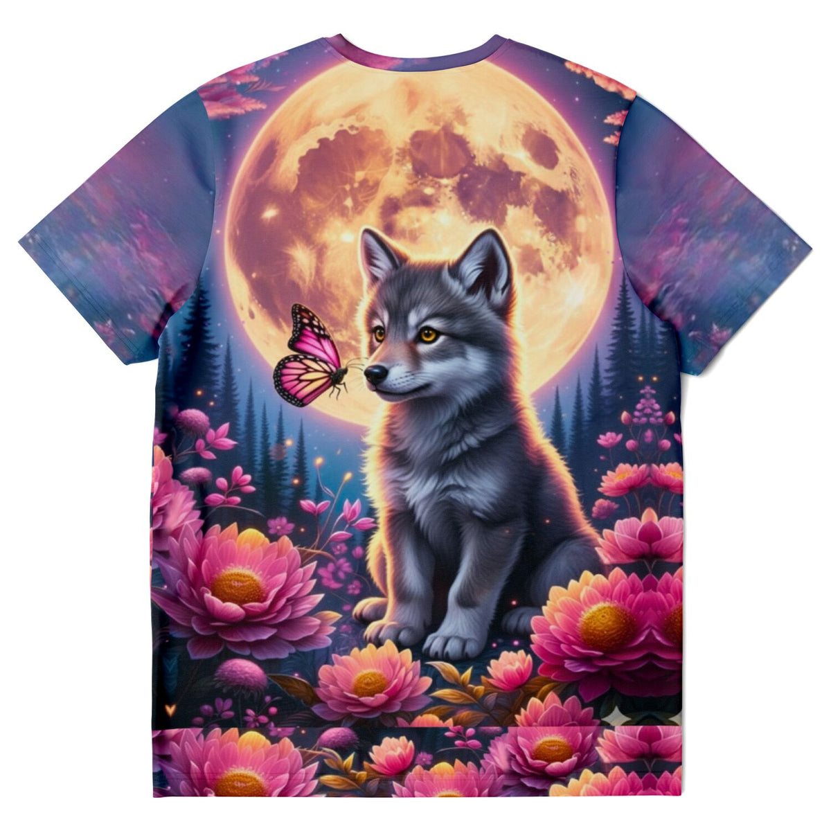 T-Shirt mit hochwertigem Druck: Wolf, Schmetterling und Vollmond in bunter Blumenwiese, perfekt für Fans von Diamond Painting.