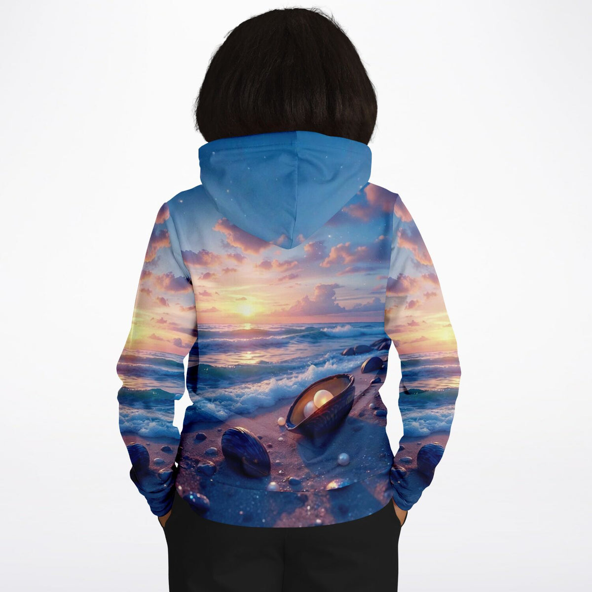 Dreamer Hoodie Strandliebe mit All-Over-Print: Traumhafter Sonnenuntergang am Meer mit Muscheln und Perlen für DIY-Fans