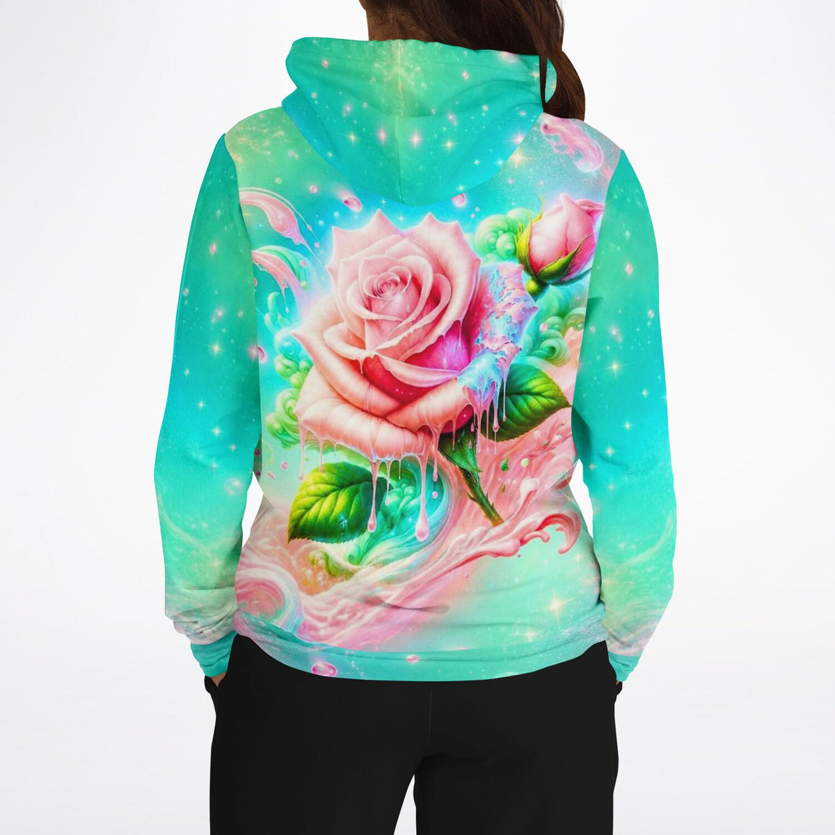 Dreamer Hoodie Candy Rose mit kunstvollem Rosen-Motiv in leuchtenden Türkis- und Rosatönen im künstlerischen Stil