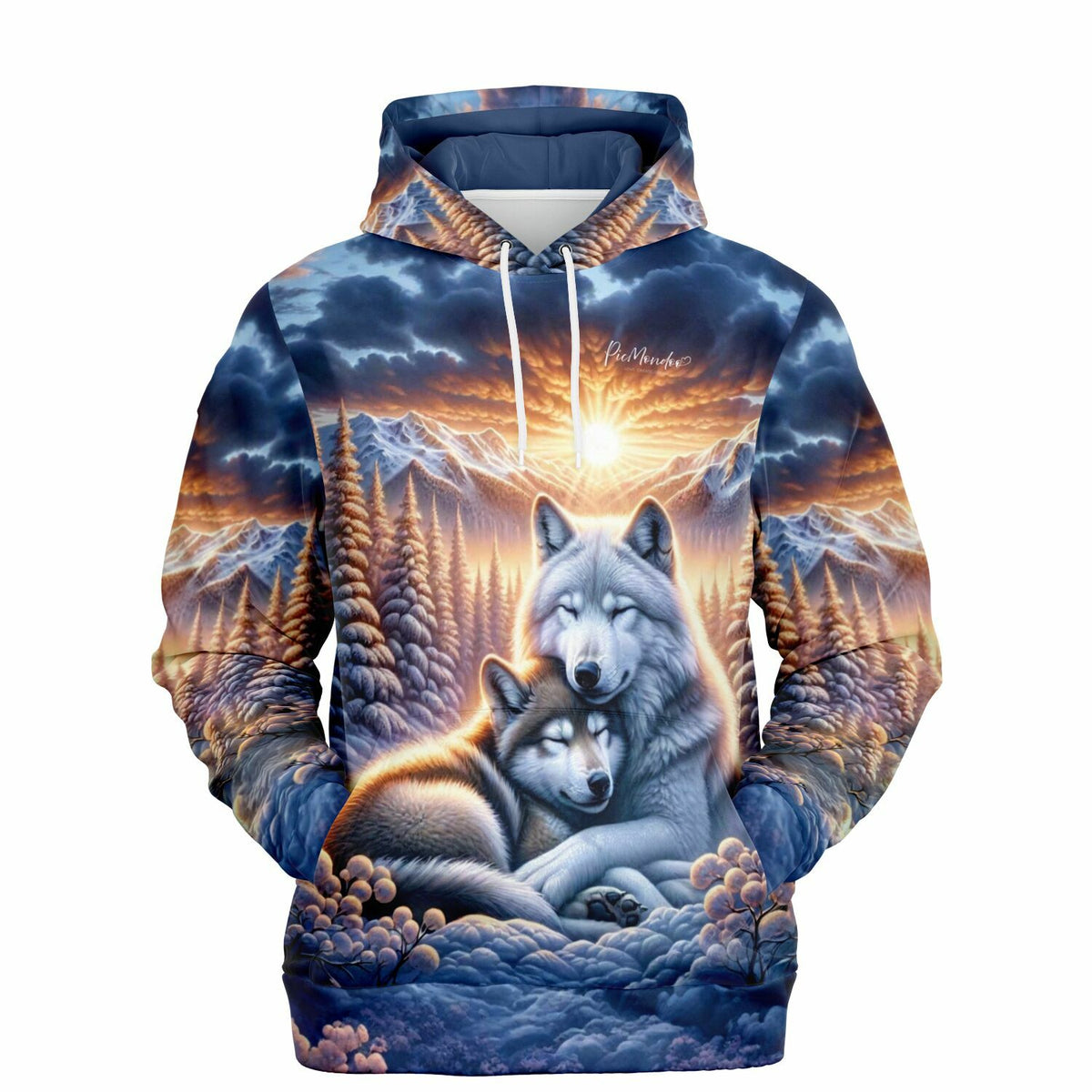 Dreamer Hoodie mit zwei kuschelnden Wölfen vor einer Berglandschaft im Sonnenaufgang, hochwertiger All-Over-Print