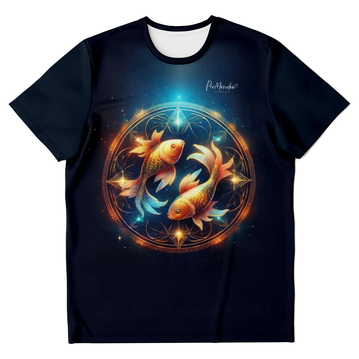 Schwarzes Dreamer T-Shirt mit leuchtendem Sternzeichen-Fisch-Motiv in Gold und Blau, inspiriert von Diamond Painting Kunst.
