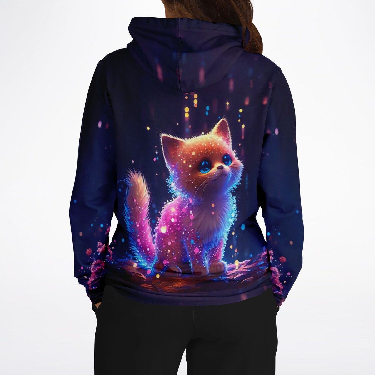 Dreamer Hoodie mit Leuchtbild-Motiv: Ein niedliches Zuckerkätzchen im Diamond Painting Stil mit bunten Lichteffekten.