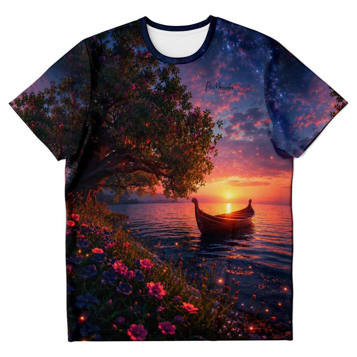 Dreamer T-Shirt mit traumhaftem Motiv ähnlich Malen nach Zahlen: Boot am Seeufer bei Sonnenuntergang und Sternenhimmel.