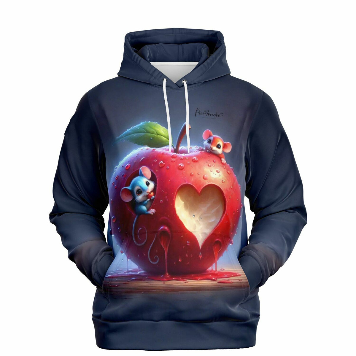 Dunkelblauer Dreamer Hoodie mit süßem Mäuse-Motiv und herzförmigem Apfel, passend zu Malen nach Zahlen Designs