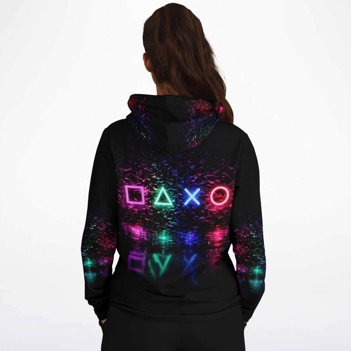 Schwarzer All-Over-Print Hoodie mit Gaming-Design aus neonfarbenen Symbolen und abstrakten Glitzerelementen