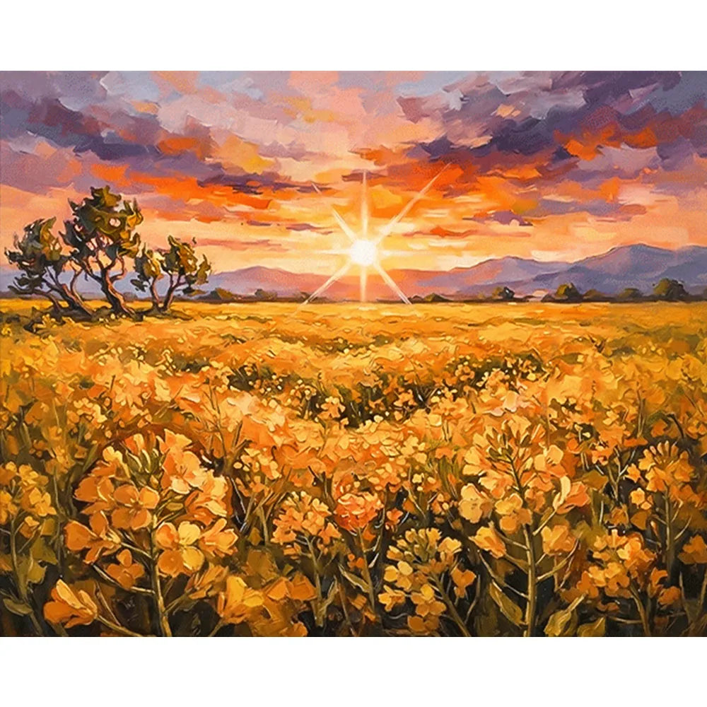 Malen nach Zahlen für Erwachsene: Goldenes Rapsfeld bei Sonnenuntergang mit farbenfrohem Himmel und strahlender Sonne.