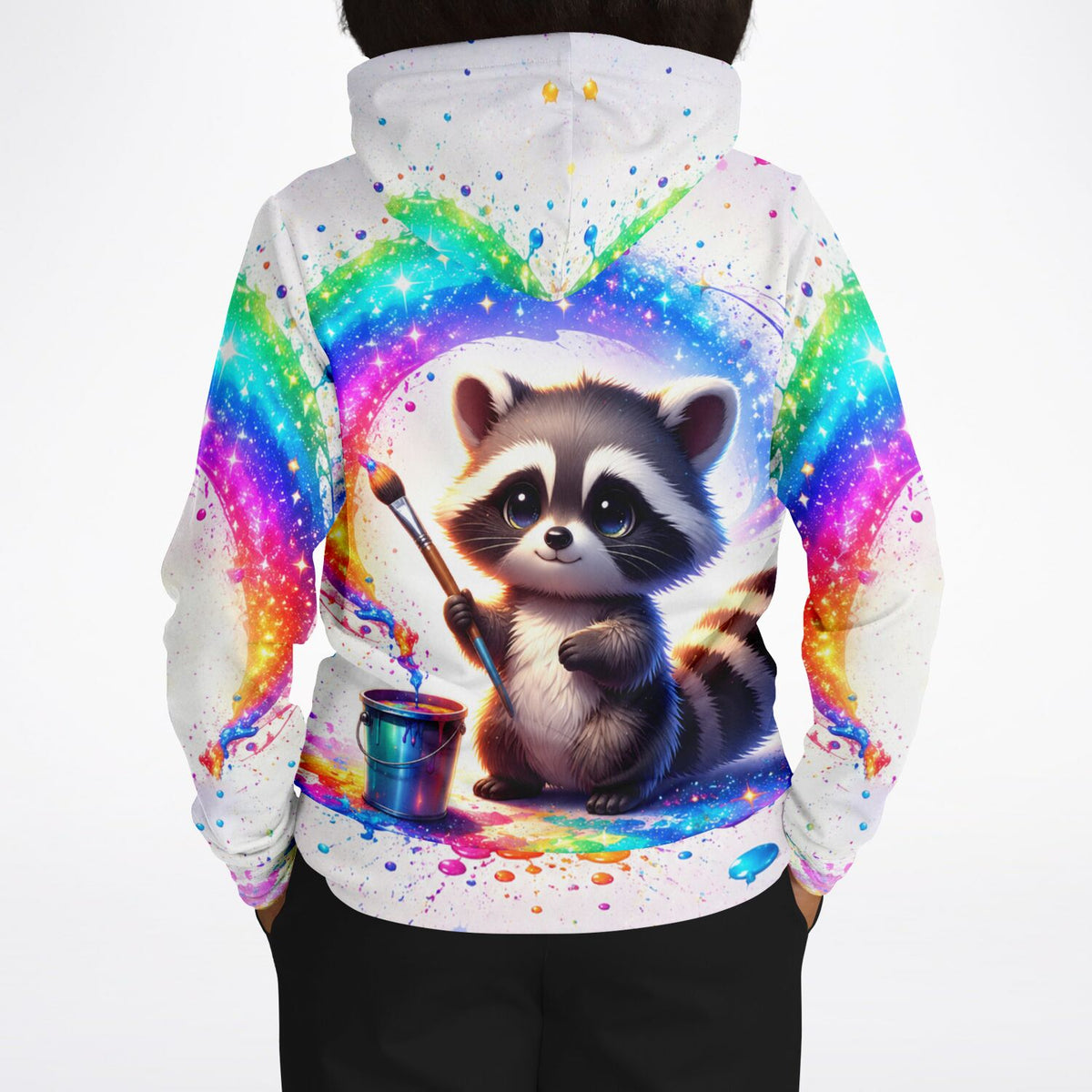 Hoodie mit Waschbär-Motiv und Regenbogen-Farben, inspiriert von Malen nach Zahlen und kreativen Diamond Painting Designs.