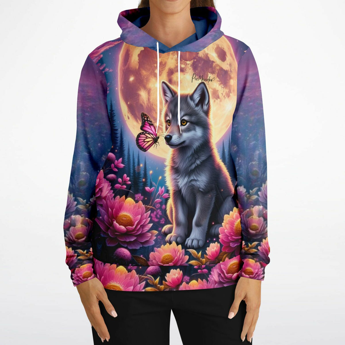 Dreamer Hoodie mit Wolf, Mond und Schmetterling im Allover-Print Design für Fans von Diamond Painting und Kunstmotiven